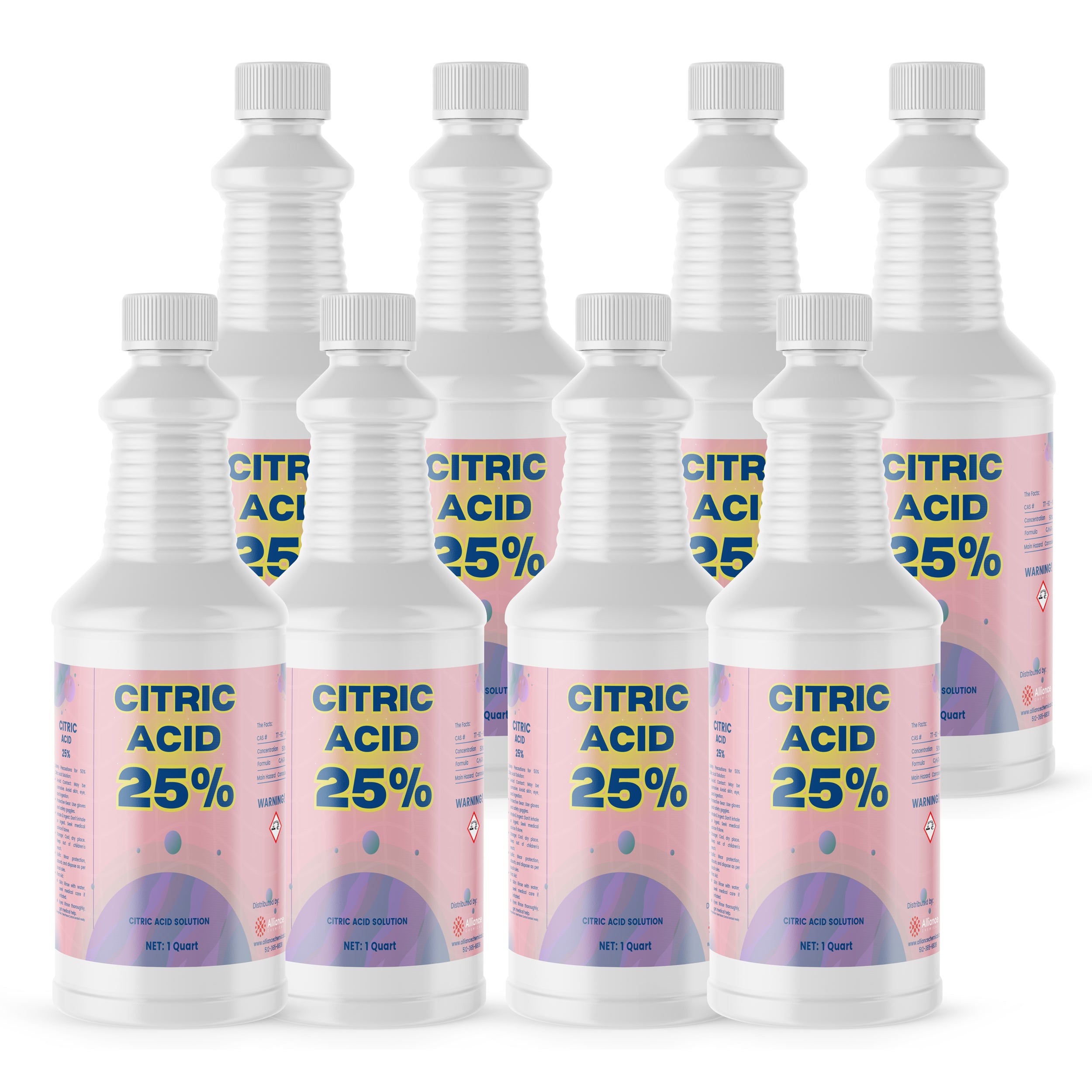 8x1-quart bottles of 25% Citric Acid solution in white HDPE containers with ribbed design, hazard warning symbols, and pink-purple gradient labels.